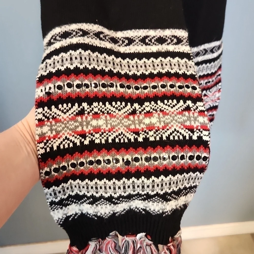 Vintage Nordic fairisle sequin beaded fringe colorblock long scarf